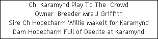 Ch  Karamynd Play To The  Crowd




























Owner  Breeder Mrs J Griffith
Sire Ch Hopecharm Willie Makeit for Karamynd
Dam Hopecharm Full of Deelite at Karamynd