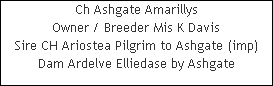 Ch Ashgate Amarillys














Owner / Breeder Mis K Davis














Sire CH Ariostea Pilgrim to Ashgate (imp)














Dam Ardelve Elliedase by Ashgate