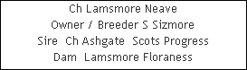 Ch Lamsmore Neave














Owner / Breeder S Sizmore














Sire  Ch Ashgate  Scots Progress














Dam  Lamsmore Floraness