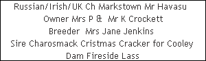 Russian/Irish/UK Ch Markstown Mr Havasu  















Owner Mrs P &  Mr K Crockett















Breeder  Mrs Jane Jenkins 















Sire Charosmack Cristmas Cracker for Cooley 















Dam Fireside Lass