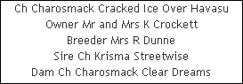 Ch Charosmack Cracked Ice Over Havasu










Owner Mr and Mrs K Crockett










Breeder Mrs R Dunne










Sire Ch Krisma Streetwise










Dam Ch Charosmack Clear Dreams