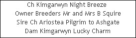 Ch Kimgarwyn Night Breeze 











Owner Breeders Mr and Mrs B Squire











Sire Ch Ariostea Pilgrim to Ashgate











Dam Kimgarwyn Lucky Charm