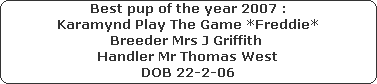 Best pup of the year 2007 :
























Karamynd Play The Game *Freddie*
























Breeder Mrs J Griffith 
























Handler Mr Thomas West
























DOB 22-2-06
























Sire Ch Borunehaven Birthday Guy
























Dam Ch Karamynd Play To The Crowd