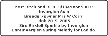 Best Bitch and BOS  OfTheYear 2007:



























Inverglen Sula



























Breeder/owner Mrs W Corri 

 dob 28-9-2005



























Sire Birkfell Sparkle by Inverglen



























DamInverglen Spring Melody for Ladida